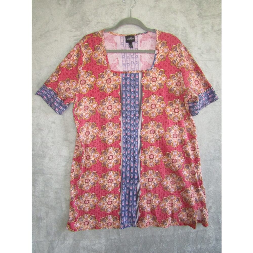 Ulla Popken Women's 16/18 Boho Tunic Dress 2000s Pink Blue Floral Geometric Prin